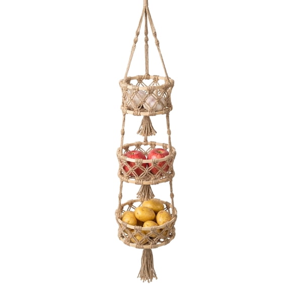 TOKATAN 3-Tier Woven Hanging Basket for Wall & Door – Boho Kitchen Storage Organizer for Fruit, Vegetables, Bathroom & Home Decor Space Saving Hanging Baskets for Home Organization (Brown Jute)