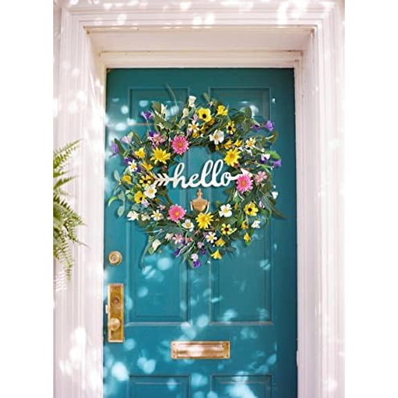 TOKCARE Spring Wreaths for Front Door with Hello Sign, 22 Inch Artificial Eucalyptus Summer Wreath, Colorful Daisy and Jasmine Flower Garland for Farmhouse Decor Indoor Outdoor