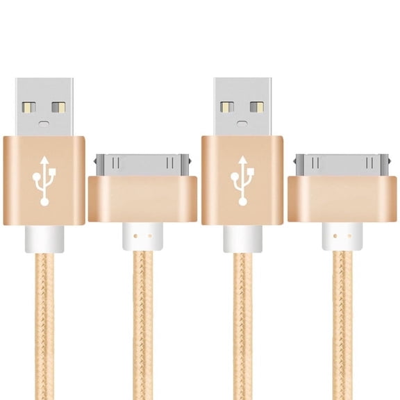 TOKERSE 2 Pack 1m/3.3ft USB to 30 Pin Charging Cable, USB Charging & Sync Data Cable Nylon Braided Cord Compatible for iPhone 4/4s/3G/3GS, iPad 1 2 3,iPod Touch, iPod Classic, iPod Nano - Gold