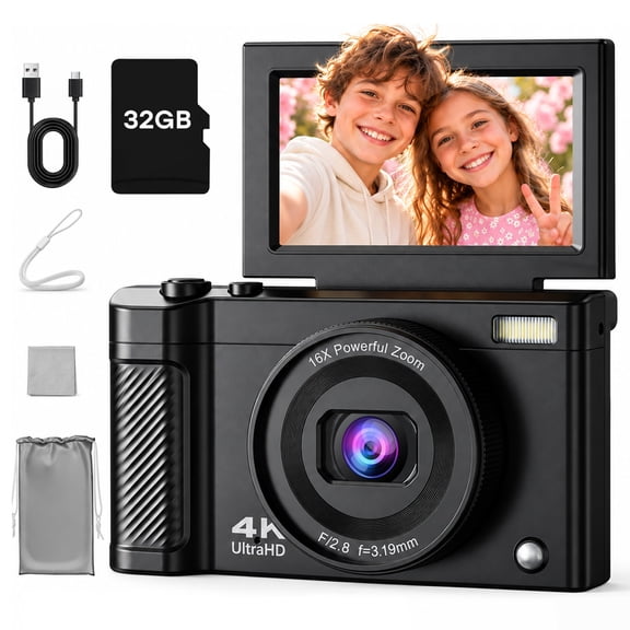 TOKKY Kids Camera, 56MP Photo Real Digital Camera for Kids, 16X Zoom Shoot 4K Video Vlogging Camera for Beginners, Travel, Photography Starter Kit, Include 32GB Card, Black