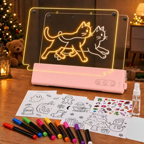 TOKKY LED Drawing Board, 16" Rechargeable Glow Drawing Pad for Kids, 9 Colors Glow Doodle Board, Pink