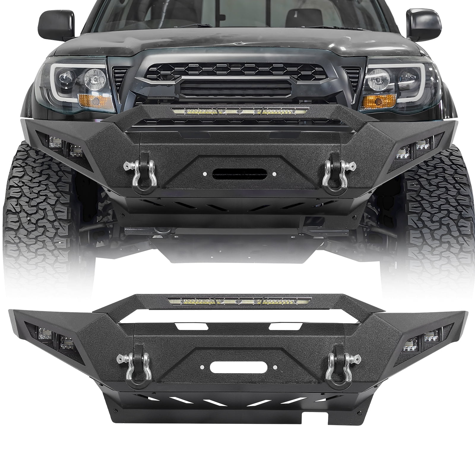TOKMOWIN Full Width Front Bumper for 2005-2015 Toyota Tacoma with Winch Plate & Led Lights & D-Rings
