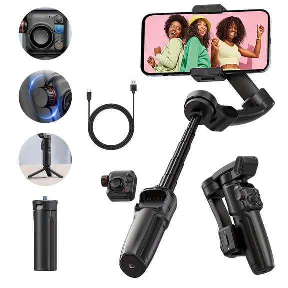 TOKQI M05 3-Axis Smartphone Gimbal Stabilizer with Extension Rod and Detachable Magnetic Remote, Foldable Phone Gimbal for iPhone & Android, 900mAh Battery, Tripod Included, Black