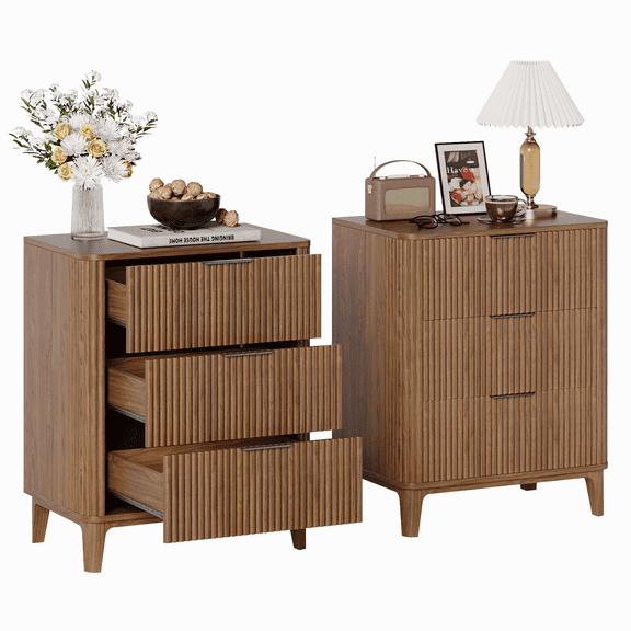 TOKSOM 23.6"L Walnut Nightstand with 3 Drawers - Modern Side Table for Bedroom, Living Room | Slim Storage Cabinet with Smooth-Glide Drawers, Space-Saving Design (35 lbs Capacity)