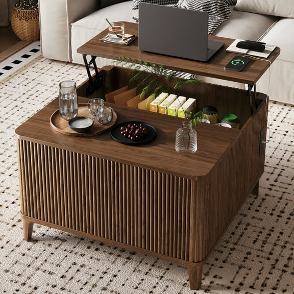 TOKSOM 31.4" Walnut Lift-Top Coffee Table with USB Charging | Flip-Top Design & Metal Frame, Adjustable Height Side Table for Living Room/Bedroom (150 lbs Load-bearing)