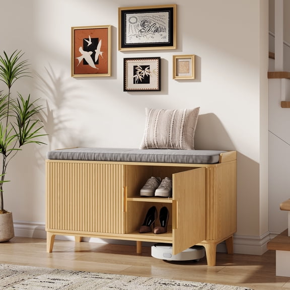 TOKSOM 39.3" Storage Bench with 2 Cabinets & Cushioned Seat – Nature Wood/Gold Handle Entryway Shoe Bench, 330lb Capacity, Adjustable Shelves