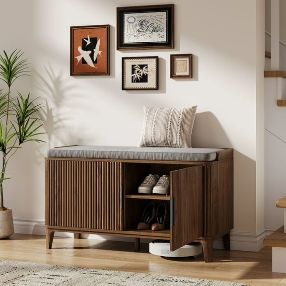 TOKSOM 39.3" Storage Bench with 2 Cabinets & Cushioned Seat – Walnut/Black Handle Entryway Shoe Bench, 330lb Capacity, Adjustable Shelves