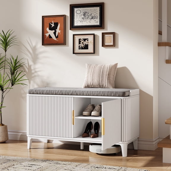 TOKSOM 39" White Shoe Bench with Padded Seat, Modern Entryway Storage Bench with Doors and Adjustable Shelves, Fluted Design Shoe Organizer Cabinet, P2 Wood Bench for Hallway & Mudroom