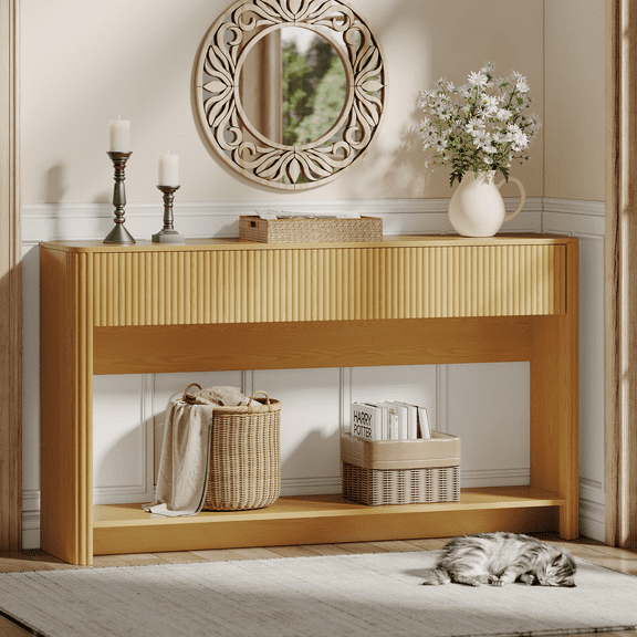 TOKSOM 47.2" Narrow Desk with 3 Drawers - Natural Wood Slim Writing Table with Open Shelf, Space-Saving Computer Desk for Small Spaces, 20 lbs/Drawer Capacity