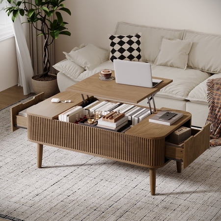 Oxirth 47.24" Lift Top Coffee Table with Storage - Modern Walnut Finish, Hidden Compartment & 2 Drawers, Mid-Century Design for Living Room, Apartment, Small Space - Sturdy Metal Lift Mechanism