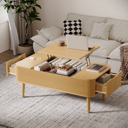 TOKSOM 47" Lift-Top Coffee Table with Storage & 2 Drawers, Nature Wood Sofa Table, Adjustable Height Modern End Table for Living Room, Easy Assembly