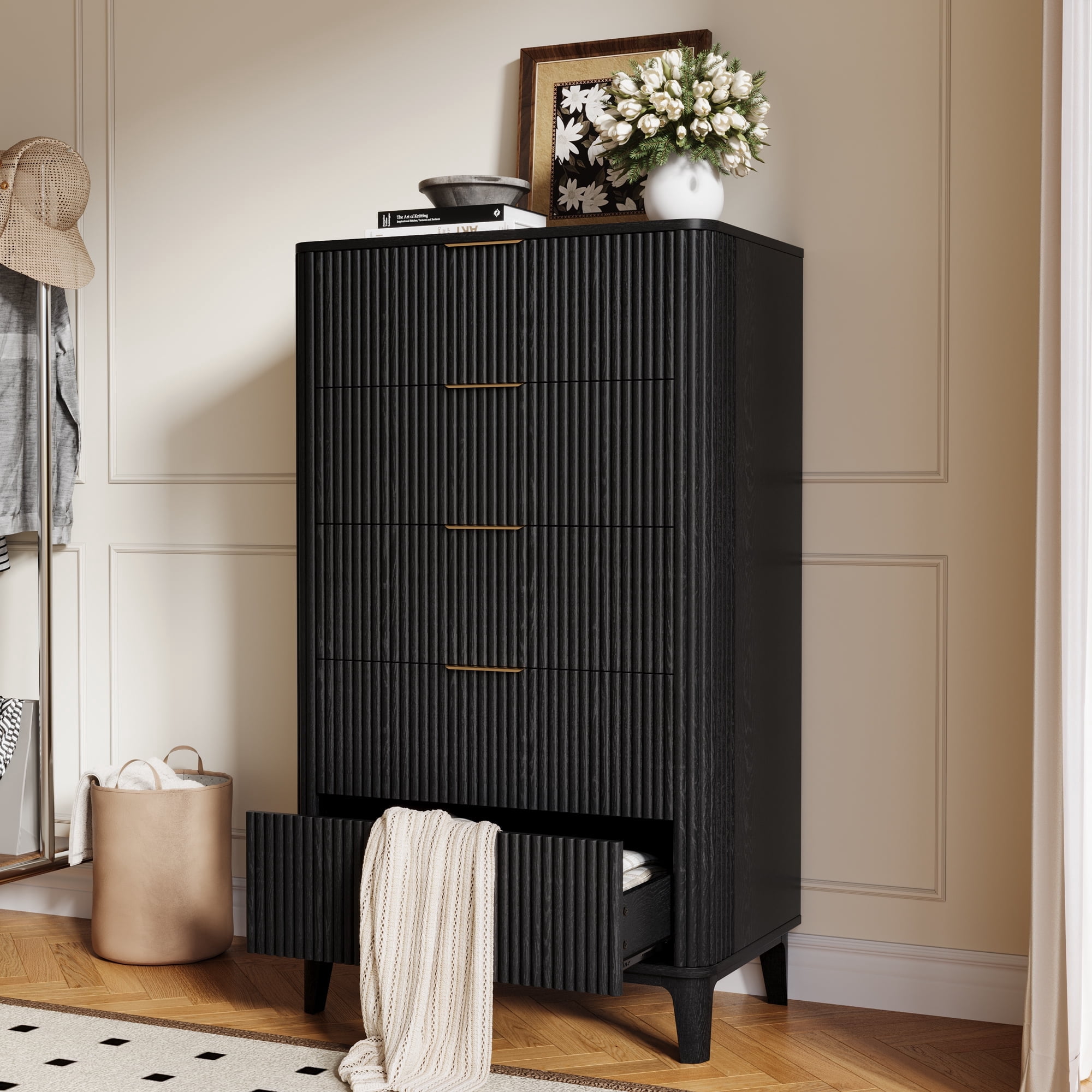 TOKSOM 5 Drawer Dresser, Mid-Century Modern Tall Chest of Drawers, Black Wood Storage Cabinet with Fluted Details & Gold Handles for Bedroom, Living Room and Closet