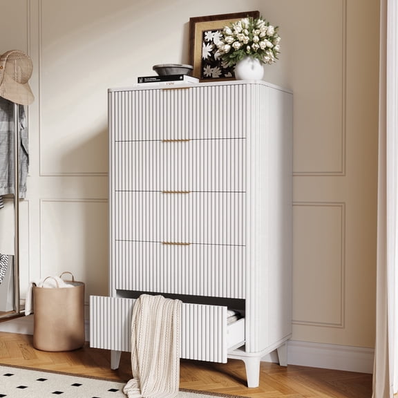 Oxirth 5 Drawer Dresser, Modern Minimalist Tall Chest of Drawers, White Wood Clothing Organizer with Fluted Design & Gold Handles for Bedroom