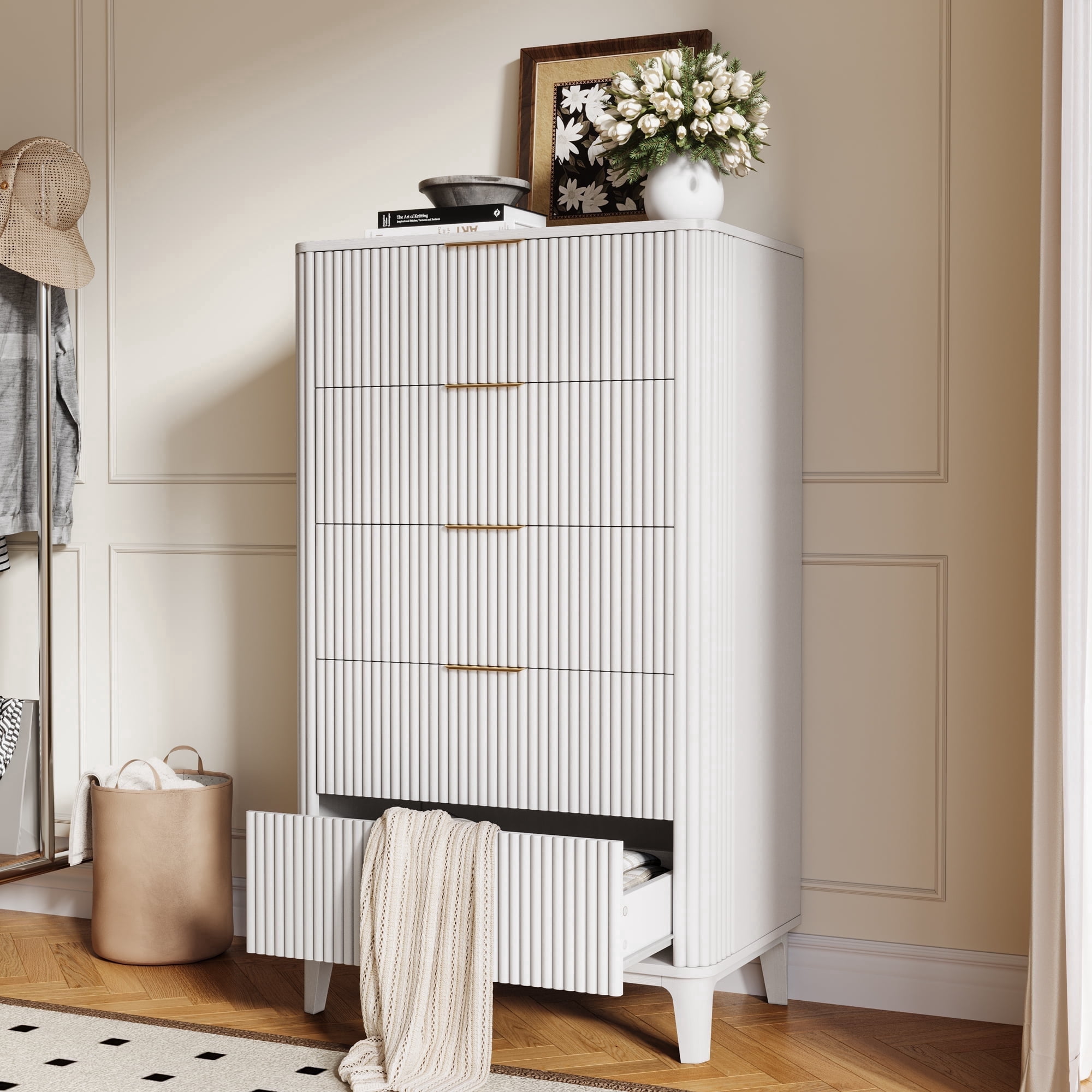 TOKSOM 5 Drawer Dresser, Modern Minimalist Tall Chest of Drawers, White Wood Clothing Organizer with Fluted Design & Gold Handles for Bedroom