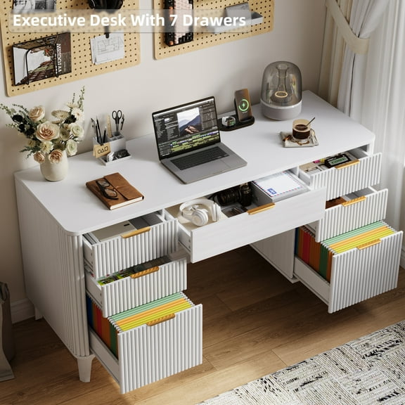 TOKSOM 55.1" Office Desk with 7 Drawers & Built-in Charging Station White Study Desk with Gold Handles, File Drawers, Metal Slides