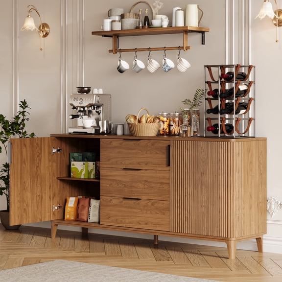 Oxirth 59" Buffet Cabinet with Storage, Mid-Century Modern Walnut Sideboard Credenza, Kitchen Dining Room Console Table Coffee Bar with 3 Drawers, Fluted Doors & Adjustable Shelves