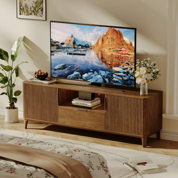 TOKSOM 59" TV Stand with 2 Cabinets, 1 Drawer & Open Shelf – Walnut/Black Handle Media Console for 65" TVs, Adjustable Shelves