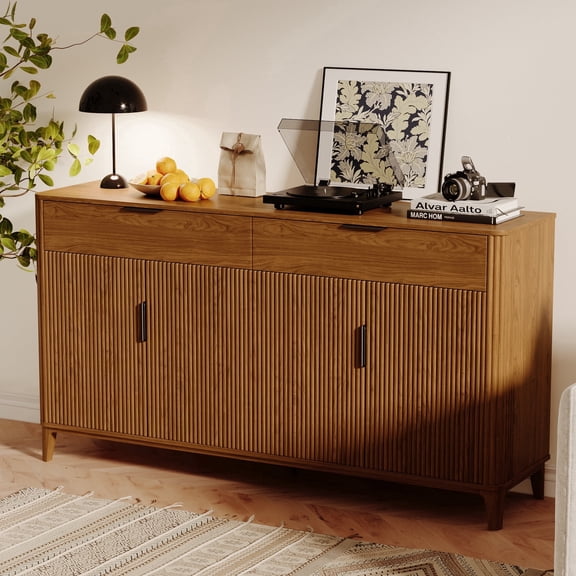 Oxirth 63" Buffet Cabinet Sideboard with Storage, Mid-Century Modern Walnut Credenza, Kitchen Dining Room Console Table Coffee Bar with 2 Large Drawers & 4 Fluted Doors