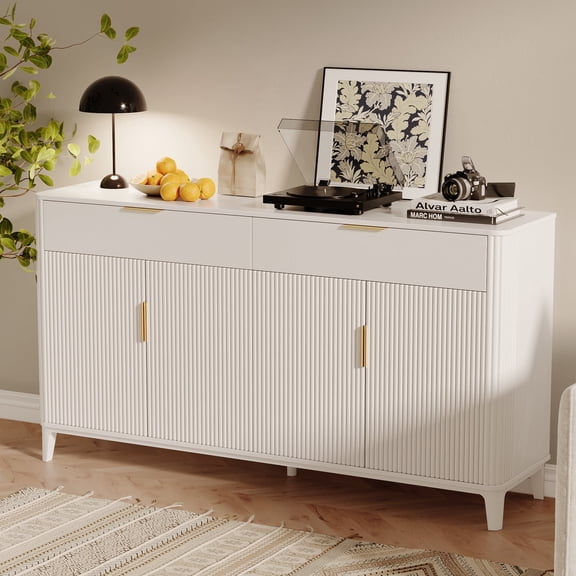 TOKSOM 63" White Buffet Cabinet Sideboard, Modern Kitchen Storage Credenza, Dining Room Coffee Bar Server Console Table with 2 Wide Drawers, 4 Fluted Doors & Adjustable Shelves