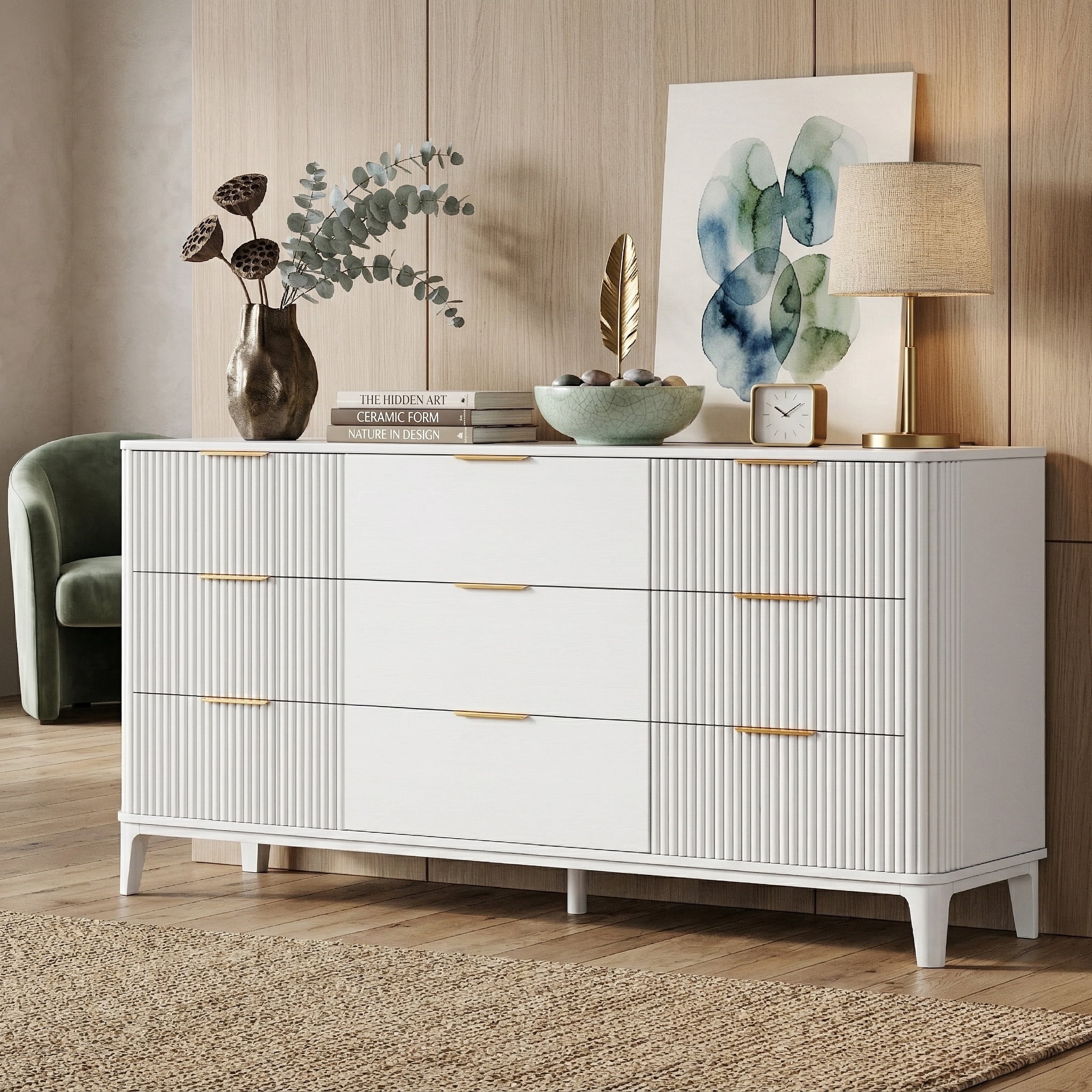 white dresser minimalist Minimalist Slatted White Bedroom Dresser with 6 Drawers-Wehomz WEHOMZ
