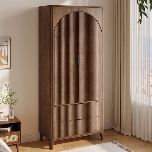 Oxirth 70" Walnut Armoire Wardrobe with Hanging Rod and 2 Drawers, Mid-Century Modern Clothes Cabinet, P2 Engineered Wood Storage Organizer Unit