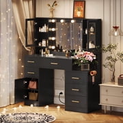 Oxirth Black Vanity Desk with Mirror and Lights, Large Makeup Table with 6 Drawers & Charging Station, Glass Display Cabinets, Adjustable Brightness Hollywood Bulbs,Professional Beauty Station