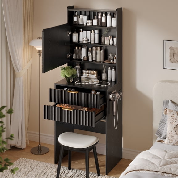Oxirth Black Vanity Desk with Smart Touch LED Mirror, Small Makeup Vanity with Charging Station, 59.5" Tall Dressing Table with 2 Fluted Drawers & Open Shelf, Modern Bedroom Furniture