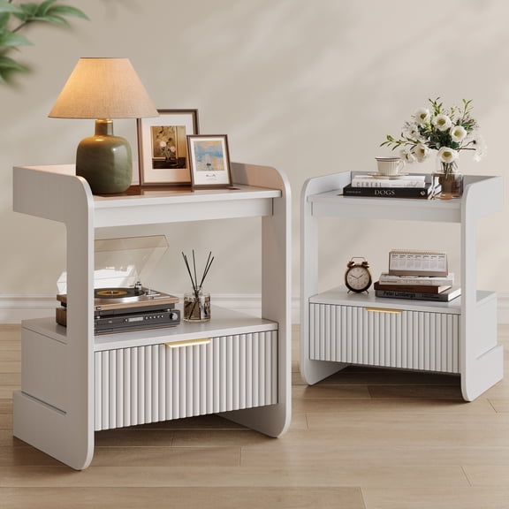 TOKSOM Elegant White Nightstands Set of 2, Chic Bedside Tables with Glass Top, C-Shape End Tables Side Tables with Fluted Drawer for Bedroom