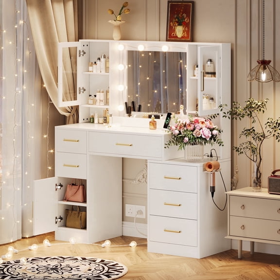 Oxirth Large Makeup Vanity Desk with Lighted Mirror, White Vanity Table with Power Outlet & USB Ports, 6 Storage Drawers & Glass Cabinets, 3 Lighting Modes Dimmer Bulbs, Modern Bedroom Furniture