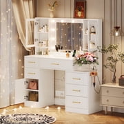 Oxirth Large Makeup Vanity Desk with Lighted Mirror, White Vanity Table with Power Outlet & USB Ports, 6 Storage Drawers & Glass Cabinets, 3 Lighting Modes Dimmer Bulbs, Modern Bedroom Furniture