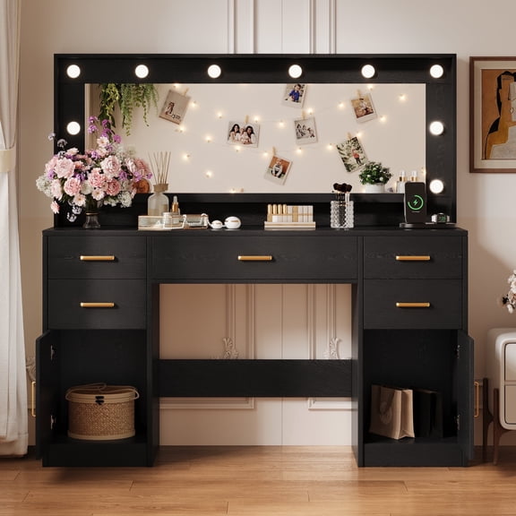 Oxirth Modern Black Makeup Vanity Desk with Lighted Mirror & Charging Station, Elegant Vanity Table with 5 Drawers & 2 Cabinets, 3 Lighting Modes Bedroom Vanity Dresser Set with Gold Handles