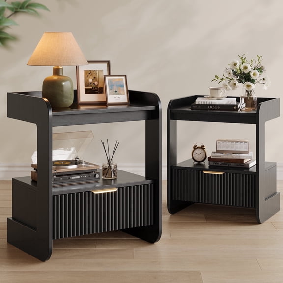 Oxirth Modern Black Nightstands Set of 2, Sleek Bedside Tables with Glass Top, End Tables with Fluted Drawer & Gold Handle for Bedroom Furniture