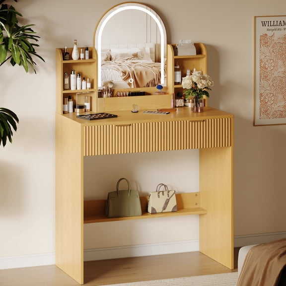 TOKSOM Oak-Look Wood Vanity Desk with Lights and Mirror, Mid-Century Modern Small Makeup Table with Arched Mirror, 2 Drawers & Display Shelves