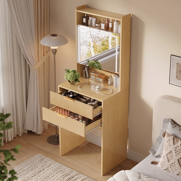 Oxirth 59.5" Wood Makeup Vanity Set with Integrated LED Mirror, Small Space Vanity Desk with 2 AC Outlets & 2 USB Ports, 3-Tier Hidden Shelves & 2 Drawers