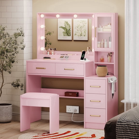 Oxirth Pink Makeup Vanity Set with Lighted Mirror, Cute Vanity Desk with Power Outlet and Stool, 5 Drawers Dressing Table for Girls, Bedroom Vanity with Acrylic Storage Cabinet