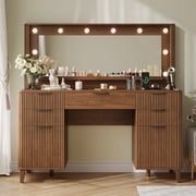 Oxirth Retro Walnut Vanity Set with Wide LED Lighted Mirror   5-Drawer Dresser Vanity Table, USB Charging Ports, Modern Farmhouse Style, Easy Assembly, 54.3  Height, Perfect for Bedroom