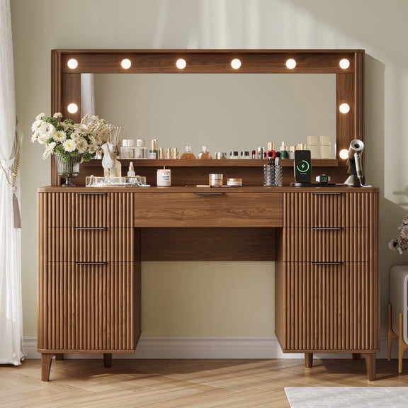 TOKSOM Retro Walnut Vanity Set with Wide LED Lighted Mirror – 5-Drawer Dresser Vanity Table, USB Charging Ports, Modern Farmhouse Style, Easy Assembly, 54.3” Height, Perfect for Bedroom