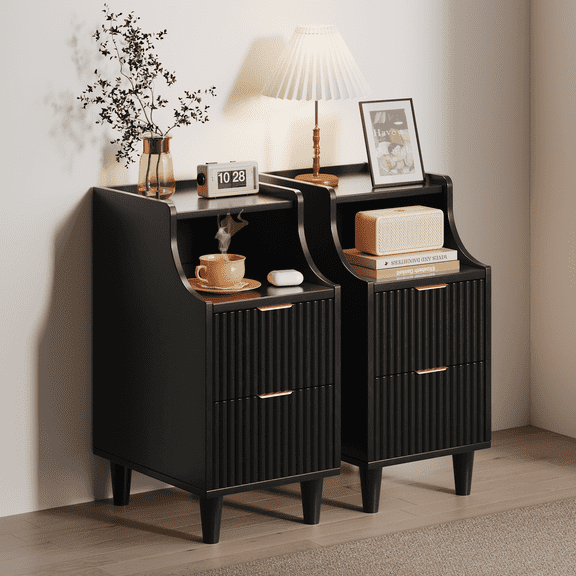 TOKSOM Set of 2 Nightstands for Bedrooms, 11.8" Slim Bedside Table with 2 Drawers and Open Shelf, Modern Fluted Design End Tables, P2 Wood Cabinet, Black