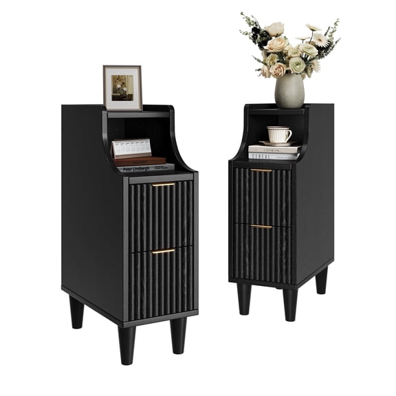 Oxirth Set of 2 Nightstands for Bedrooms, 7.87" Ultra-Narrow Bedside Table with 2 Drawers & Open Shelf, Fluted Design End Tables, P2 Wood Cabinet, Black