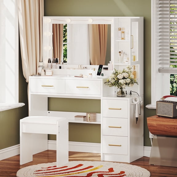 Oxirth White Vanity Desk with Mirror and Lights, Makeup Vanity Table Set with Charging Station and Stool, 5 Drawers & Visual Acrylic Cabinet, Modern Dressing Table for Girls Bedroom