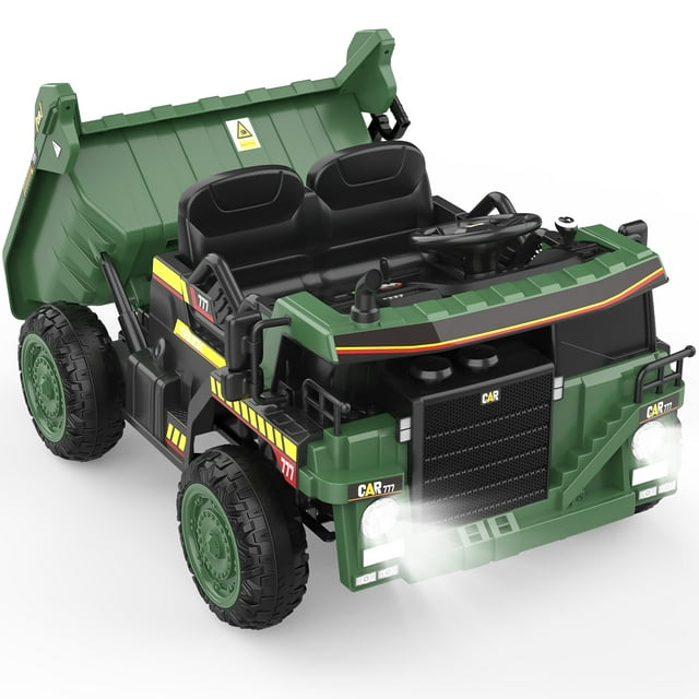 TOKTOO 12V Battery Powered Ride-on Dump Truck with Remote Control, Music Player, Electric Dump Bucket, Kids Tractor-Dark Green