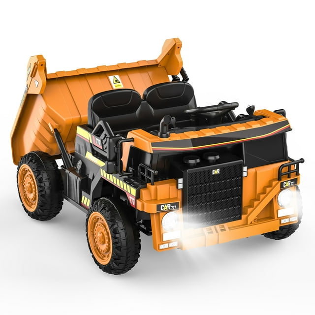 TOKTOO 12V Battery Powered Ride-on Dump Truck with Remote Control, Music Player, Electric Dump Bucket, Kids Tractor -Ginger Yellow