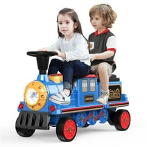TOKTOO 12V Powered Ride on Car, 2 Seater Kids Ride on Train W/ Rubber Wheels, Storage Box, LED Headlight, Music Player， Ideal Gift for Boys & Girls-Blue