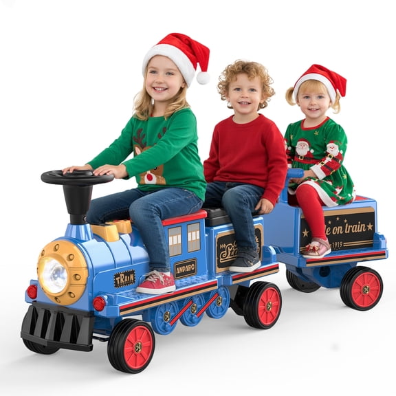 TOKTOO 12V Powered Ride on Toy Train for Kids, Ride on Train Locomotive & Train Carriage W/ Rubber Wheels, Storage Box-Blue