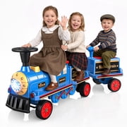 TOKTOO 12V Powered Ride on Toy Train for Kids, Ride on Train Locomotive & Train Carriage W/ Rubber Wheels, Included Carriage, Storage Box-Blue