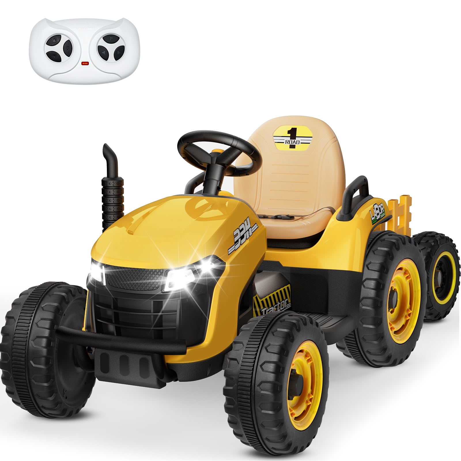 12V Yellow Ride-On Tractor with Detachable Trailer
