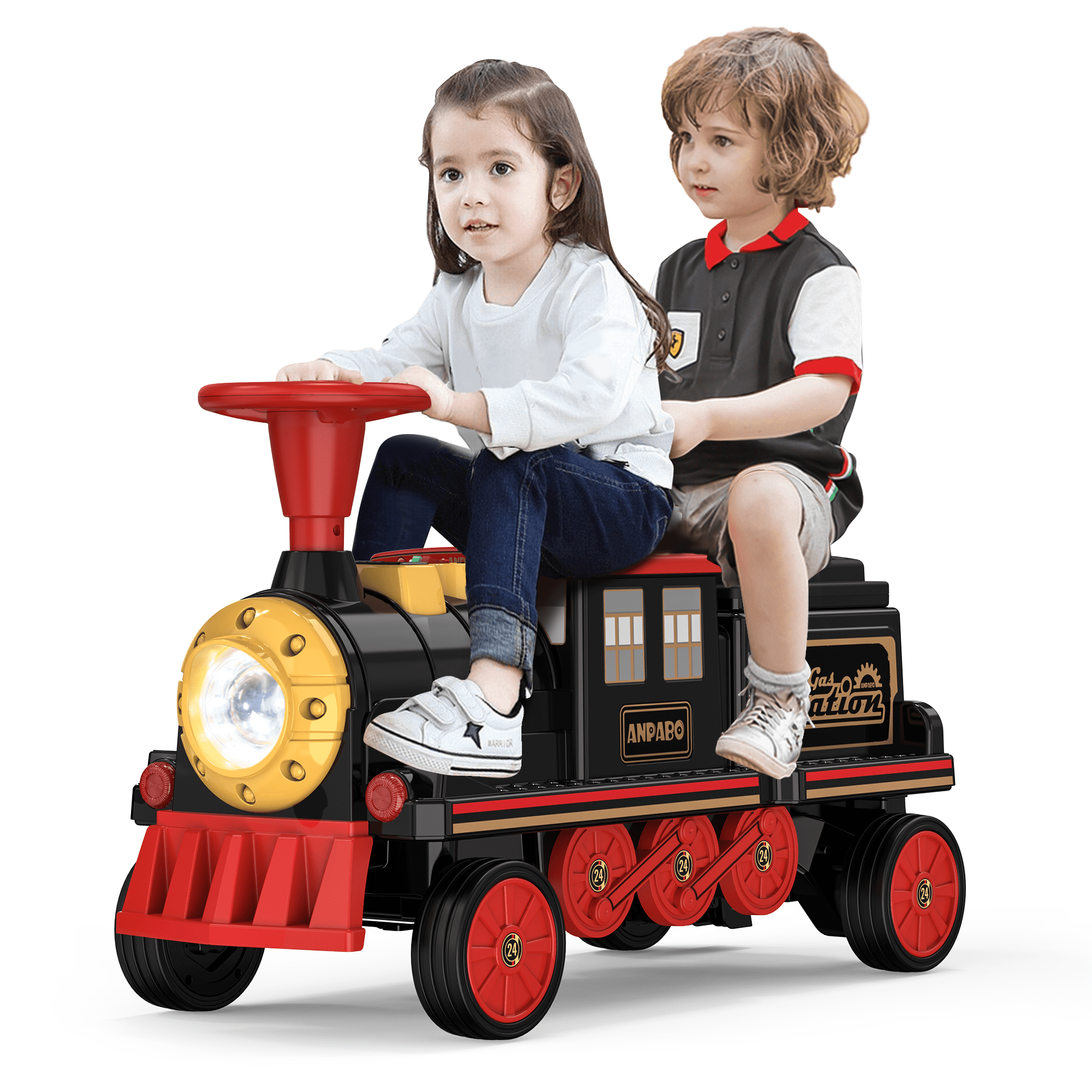 TOKTOO 12V Powered Ride on Train for Toddlers, Electric Ride on Car Toys w/ Rubber Wheels, Storage Box, LED Headlight, Music Player, Ideal Gift for Boys Girls, Black Red