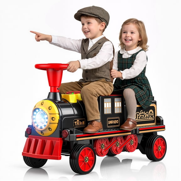 TOKTOO 12V Ride on Train for Toddlers, Electric Ride on Toys w/ Rubber Wheels, Storage Box, LED Headlight, Music Player, Ideal Gift for Boys Girls, Excluding Carriages, Black Red