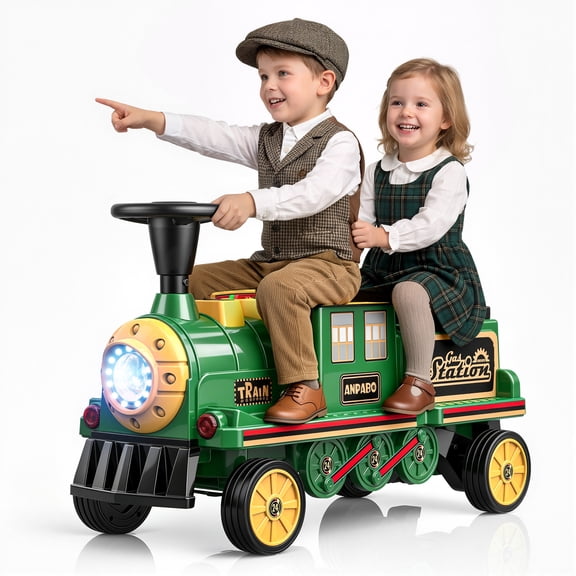 TOKTOO 12V Ride on Train for Toddlers, Electric Ride on Toys w/ Rubber Wheels, Storage Box, LED Headlight, Music Player, Ideal Gift for Boys Girls, Excluding Carriages, Green