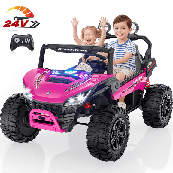 TOKTOO 24V Ride on UTV, 2 Seater Battery Powered Ride on Toy, 4 Powerful Wheels, 5.1Mph, Kids Electric Vehicle for Boys Girls with Rainbow LED Lights, Pink